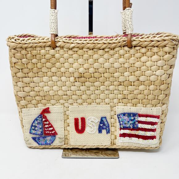 Quacker Factory USA Patriotic Wicker Tote Bag Purse Flag Sequin Embellished - Picture 7 of 16